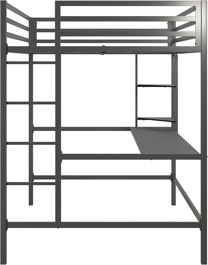 Novogratz Maxwell Metal Full Loft Bed with Desk & Shelves, Gray/Black