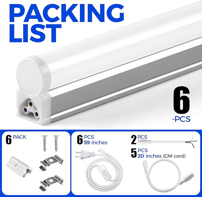 Barrina T5 4FT LED Shop Light, 2200lm,5000K Daylight White, 20W Utility Light Fixture, Ceiling and Under Cabinet Lights for Workshop Garage, Corded Electric with ON/Off Switch, 6 Pack