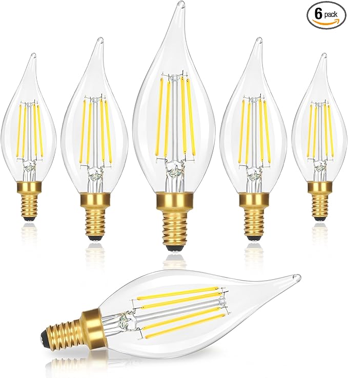 E12 LED Candelabra Bulbs 40W Equivalent, 6-Pack 4W 460LM Dimmable Candle Light, 5000K Daylight White Chandelier Bulbs, Flame Tip CA10 for Ceiling Fan, Home Decor
