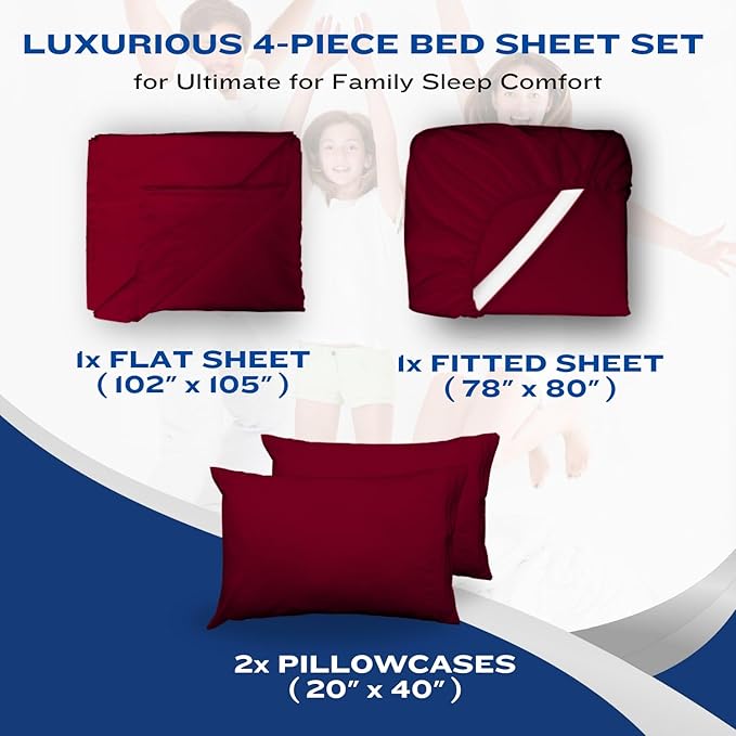 DREAMCARE California King Sheet Sets – 4 pcs Cooling Sheets – up to 21” Deep Cal King Sheets – Hotel Luxury Pillowcases – Superior Softness 100% Fine Microfiber with Side Pocket –Burgundy