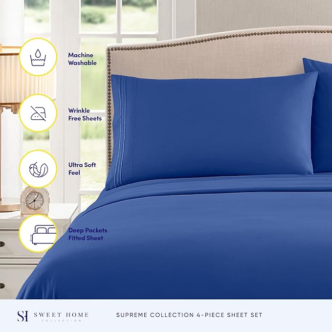 Queen Size Bed Sheets - Breathable Luxury Sheets with Full Elastic & Secure Corner Straps Built In - 1800 Supreme Collection Extra Soft Deep Pocket Bedding Set, Sheet Set, Queen, Royal Blue