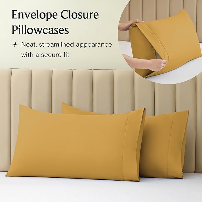 LuxClub 4 PC Full Sheet Set, Breathable Luxury Bed Sheets, Deep Pockets Wrinkle Free Cooling Bed Sheets Machine Washable Hotel Bedding Silky Soft - Medallion Gold Full