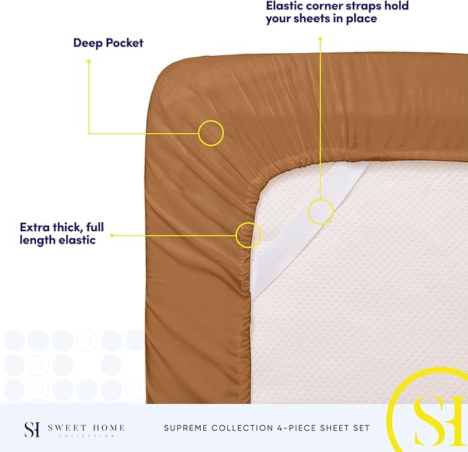 1800 Supreme Collection - Breathable Luxury Full Size Sheet Set with Full Elastic & Secure Corner Straps Built In - Extra Soft Deep Pocket Bedding, Mocha