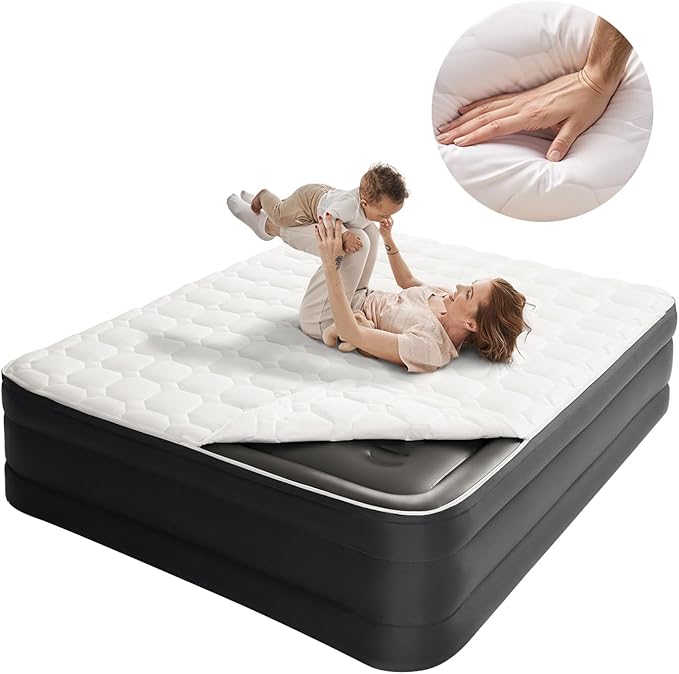 CHILLSUN Queen Air Mattress with Built in Pump,Raised Comfort Blow up Mattress,Dual Layer Mattress Topper Airbed,Durable Inflatable Mattress for Guests Home,Colchon Inflable 800lbs Max