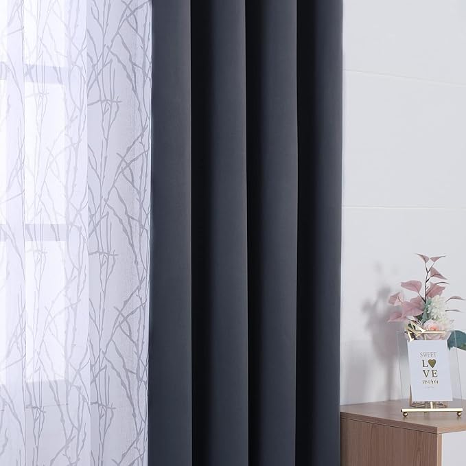 BONZER Mix and Match Curtains - 2 Pieces Branch Print Sheer Curtains and 2 Pieces Blackout Curtains for Bedroom Living Room Grommet Window Drapes, 37x84 Inch/Panel, Grey Dark, Set of 4 Panels