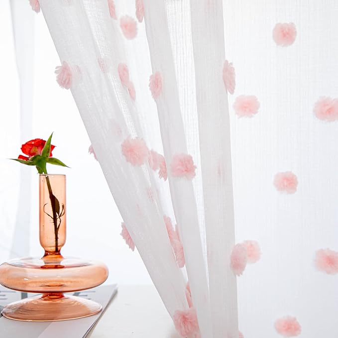 MYSKY HOME Pom Pom Sheer Curtains for Girls Bedroom Pink Curtains for Nursery 90 Inch Long Living Room Curtains 2 Panels Light Filtering Rod Pocket Semi Window Drapes 52 x 90 inch