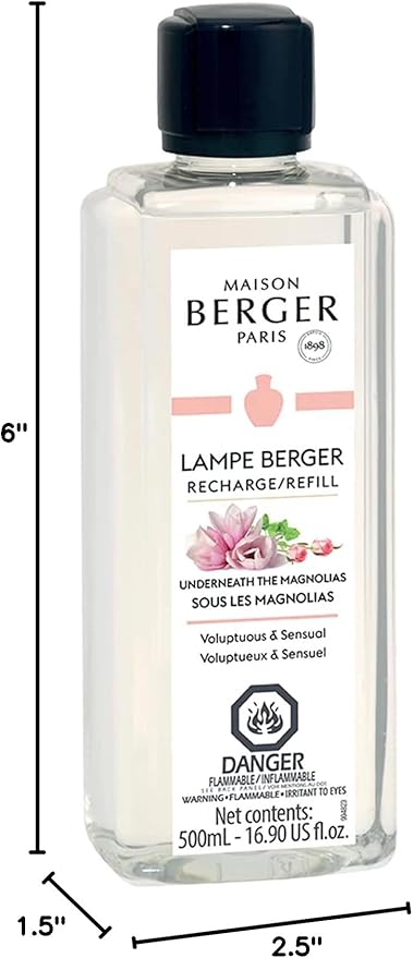 Maison Berger - Underneath The Magnolias - Lampe Berger Fragrance Refill Oil for Home Diffusers - Luxury Air Freshener with Rose, Jasmine & Musk Notes - 16.9 Fl Oz (500ml)