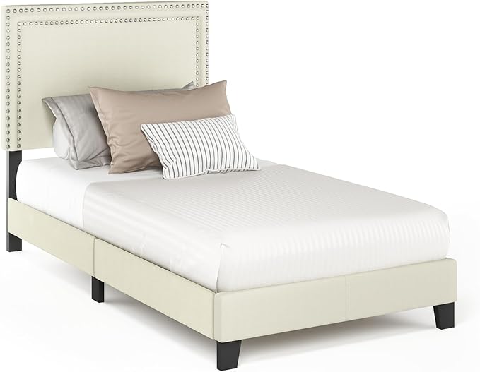 Furinno Laval Double Row Nail Head 12PC Slat Style Bed Frame, Twin, Linen