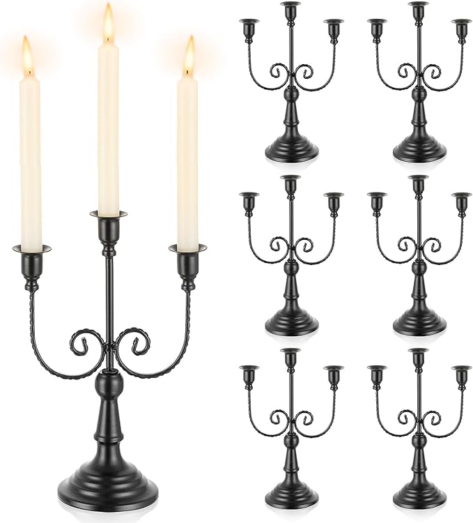 Romadedi Candelabra Black Candle Holders: 3 Arm Halloween Candlestick Holder11.8 Gothic Home Decor for Party Table Centrepiece Mantel Christmas, Set of 6