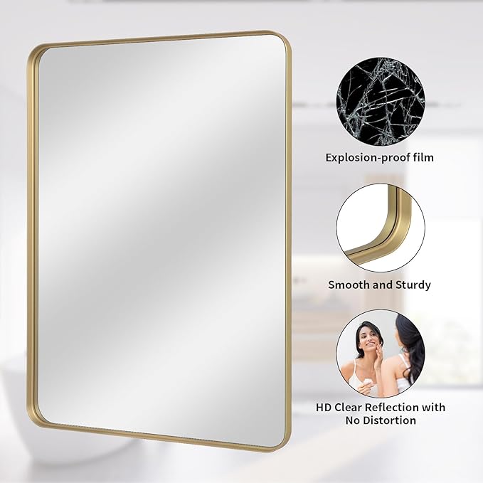 VooBang Bathroom Mirror 30x40 inch, Gold Gorgeous Deep Frame Wall Mirror, Modern Round Corner Bathroom Vanity Mirror for Bedroom, Living Room, Hanging or Leaning Horizontal or Vertical, Gold