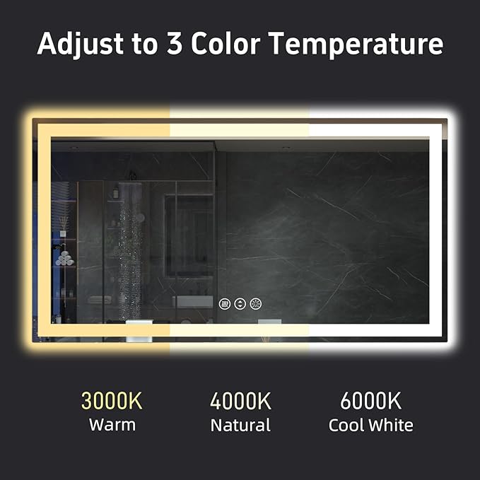 60"x 40" LED Bathroom Mirror with Lights, Front and Backlight, Dimmable Smart Mirror Bathroom, Anti-Fog, 3 Colors Lighted Bathroom Vanity Mirror for Wall Tempered Glass (Horizontal/Vertical)