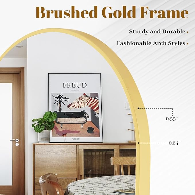 VooBang Arched Wall Mirror, 24 x 36 inch Arch Bathroom Mirror, Wall Mounted Vanity Mirror with Arch Metal Frame, Modern Bathroom Vanity Mirror for Bedroom, Living Room, Hanging or Leaning, Gold