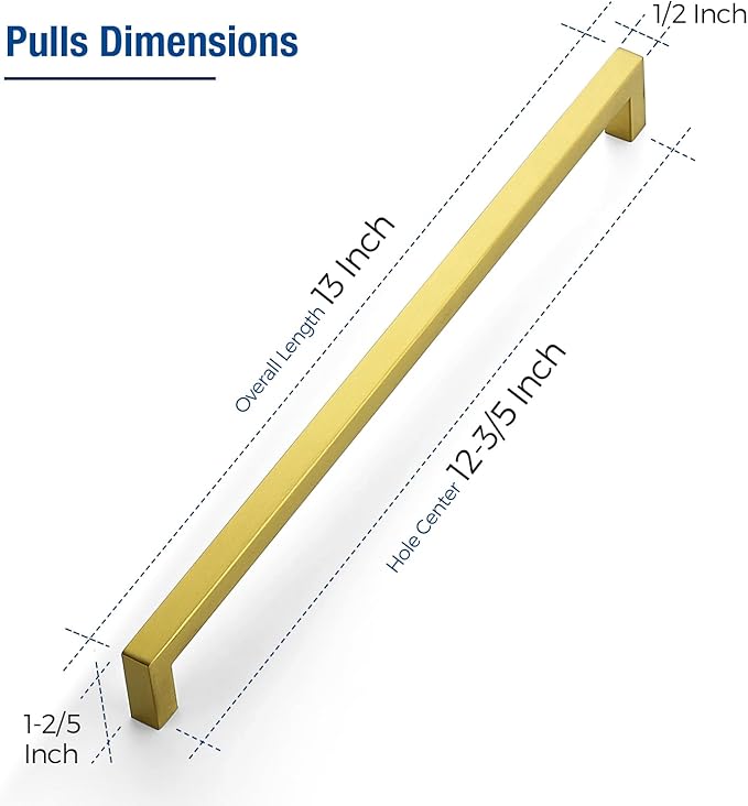 JOY DECOR 12 Pack Cabinet Handles, Gold Cabinet Pulls, 12-3/5 Inch Kitchen Closet Handles Square Drawer Pulls Stainless Steel Drawer Hardware, 320mm Hole Centers