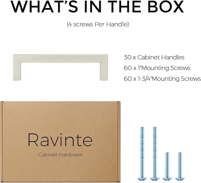 Ravinte 30 Pack Solid 3-1/2 Inch Center to Center Slim Square Bar Drawer Handles - Brushed Nickel Drawer Pulls - Kitchen Cabinet Hardware