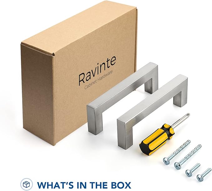 Ravinte 15 Pack Brushed Nickel Kitchen Cabinet Handles 3-3/4 Inch Cabinet Pulls Square Kitchen Hardware for Cabinet Drawer Pulls Drawer Handles Come with Screwdriver