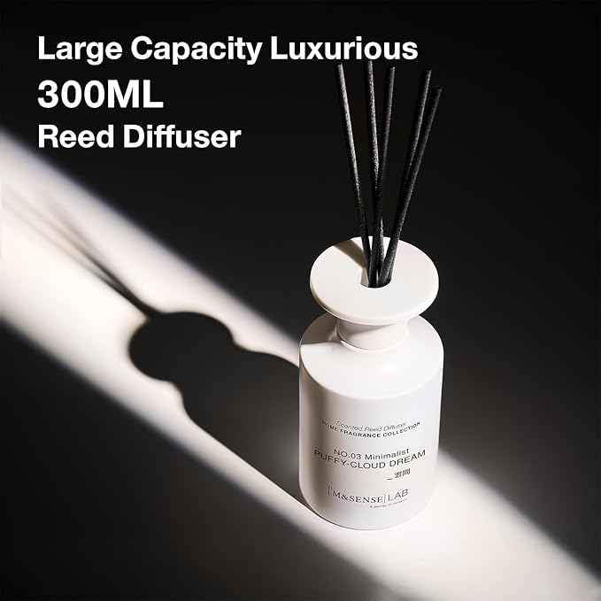 M&SENSE Minimalist Large Reed Diffuser 300ml, Puffy Cloud Dream Scented with Natural Essential Oils, Long Lasting with 7 Sticks, Non-Toxic Home Fragrance for Bedroom, Bathroom Decor