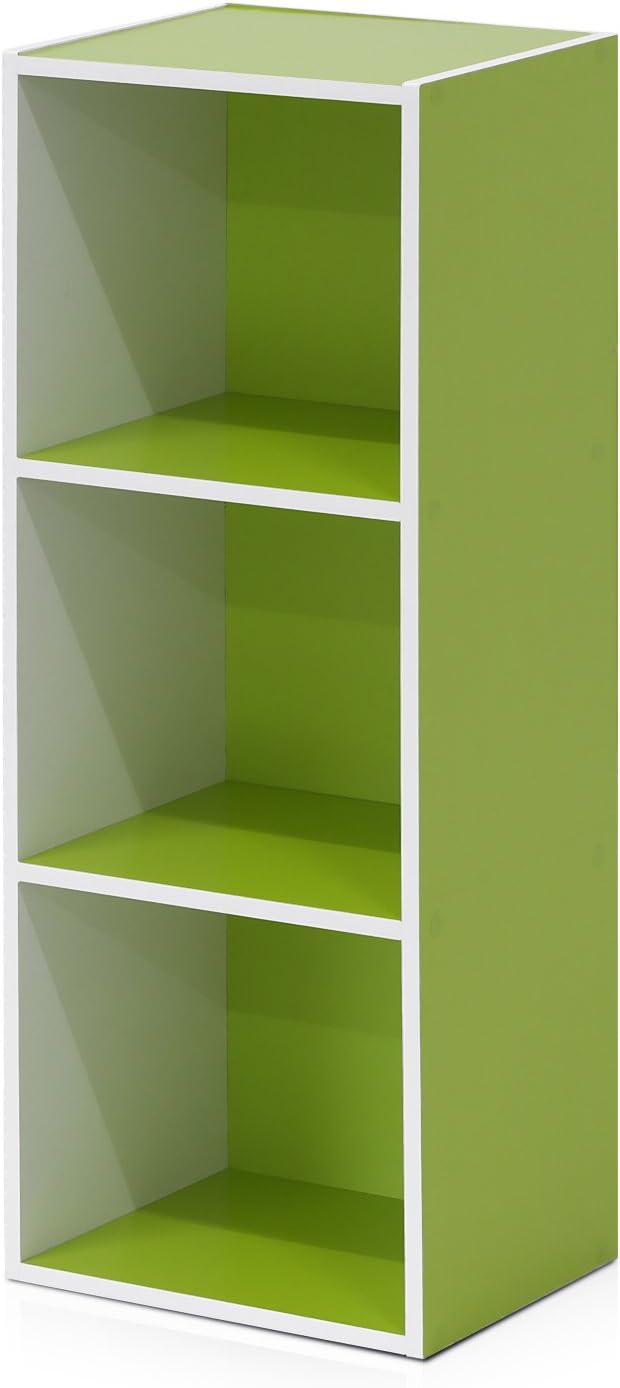 Furinno LUDER Book Shelf, 3-Cube Bookshelf, Bookcase, 9.3" x 12" x 31.5", for Living Room, Bedroom, Home Office, White/Green