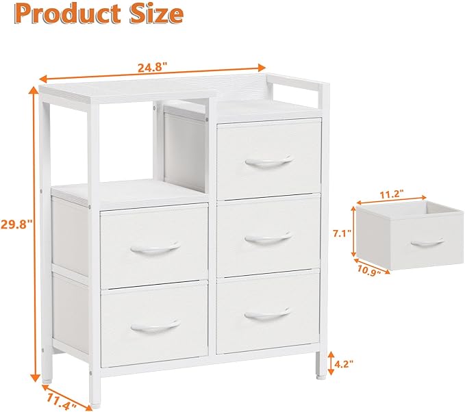 Furnulem 5 Drawer White Dressers for Bedroom 2 Tier Shelf Storage Small Fabric Dresser for Closet Sturdy Metal Frame Modern Style Storage Cabinets Organization Units for Hallway Rooms