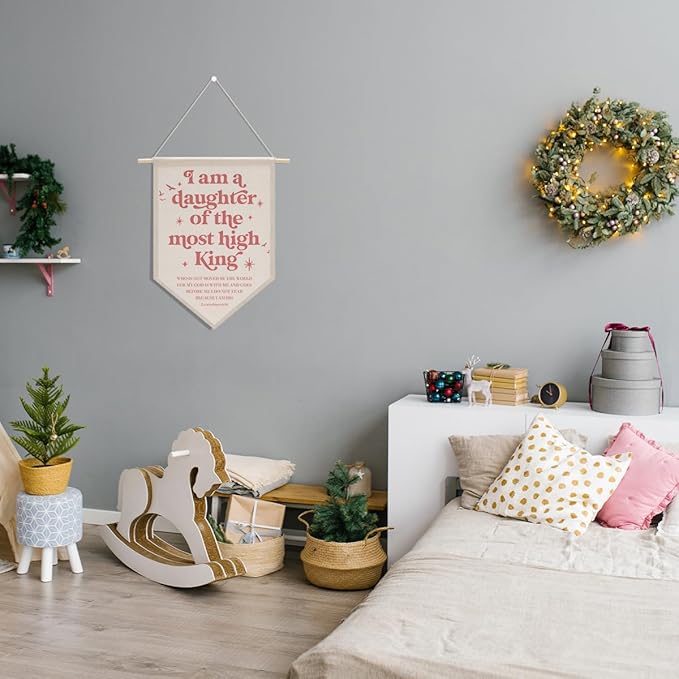 Christian Room Decor Daughter of The King Canvas Hanging Pennant Flag Banner Wall Sign Decor Gift for Nursery Bedroom Playroom Game Room Front Door