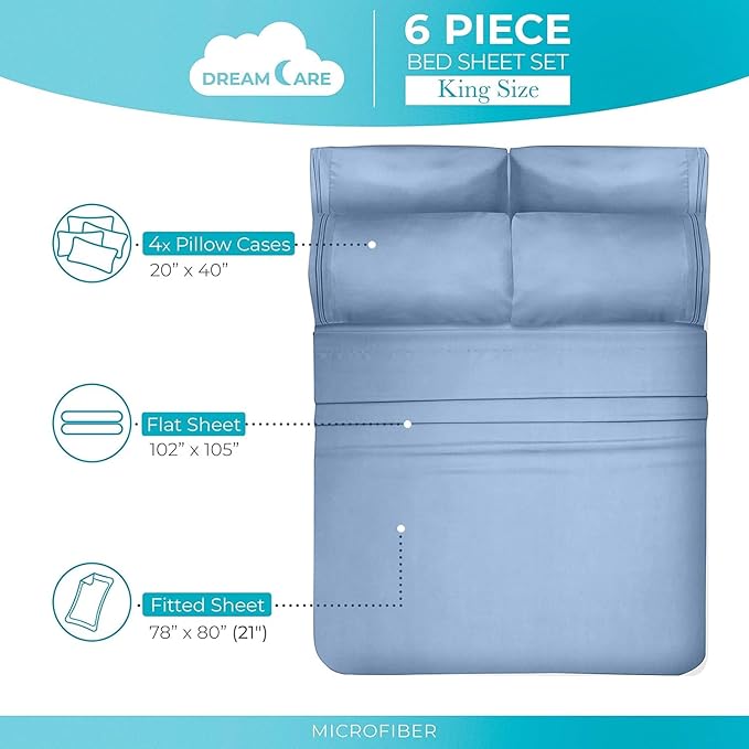DREAMCARE King Size Sheets Set – 6 pcs Cooling Bed Sheets – up to 21” Deep Pocket King Sheet Set – 2500 Supreme Collection – Extra Soft 100% Brushed Microfiber Hotel Luxury with Side Pocket – L Blue