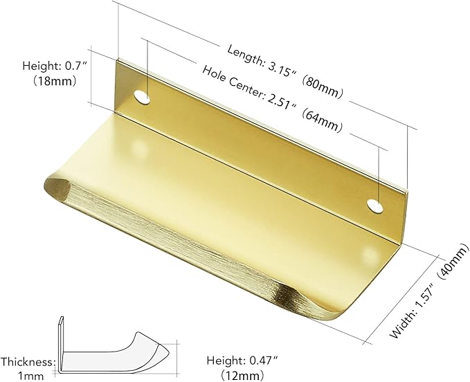 Ravinte Hardware 6 Pack Gold Cabinet Handles, 3.15 Inch (80mm) Finger Edge Pulls, 2-1/2 Inch Hole Center, Finger Pulls for Cabinets