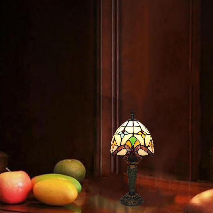 Tiffany Small Lamp Baroque Stained Glass Table Lamp 3 Way Color-Temparetures Bedside Nightstand Table Lamps for Bedroom Living Room Home Office Desk Light W/LED Bulb 6X6X12.5Inch