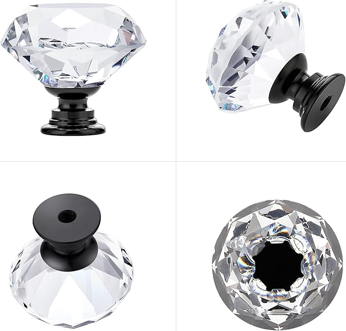 Ravinte 15 Pack Crystal Drawer Knobs - Glass Cabinet Knobs, Diamond Shaped, 30 mm with Black Base