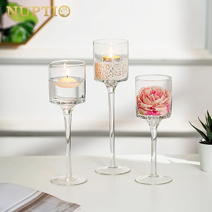 NUPTIO Tealight Candle Holders Glass: Set of 3 Long Stemmed Candle Stands for Dinner Table Centerpiece - Monet Candleholders Pillar Floating Candles