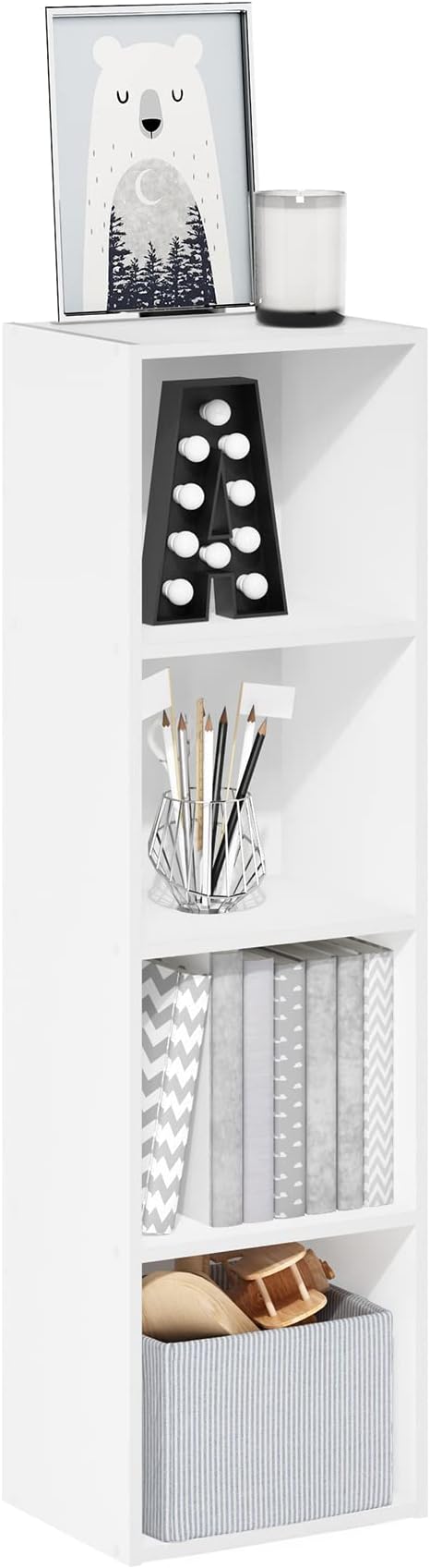 Furinno PASIR Book Shelf, 4-Tier Modern Bookshelf, Open Shelves Bookcase 9" x 12" x 42", for Living Room, Bedroom, Home Office, White