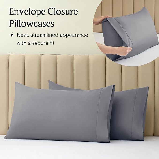 LuxClub 4 PC King Size Sheet Set Deep Pockets Wrinkle Free Cooling Bed Sheets Machine Washable Hotel Bedding Silky Soft - Light Grey King
