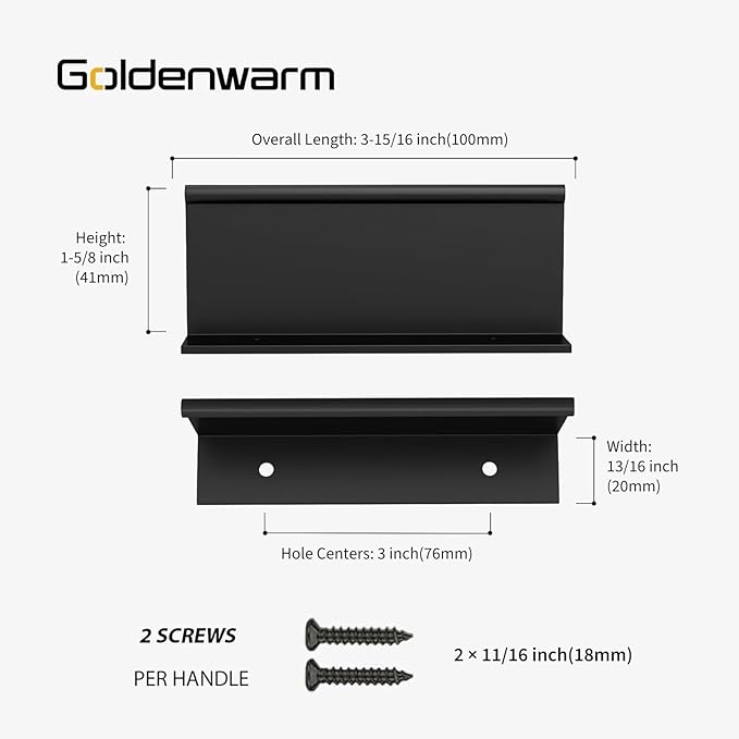 goldenwarm 100 Pack Black Finger Edge Pulls Drawer Finger Pulls Matte Black Kitchen Hardware Handles Bedroom Dresser Drawers,3in Hole Center