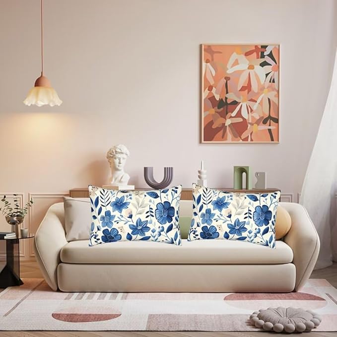 Throw Pillow Covers 12 x 20 Pillow Covers Set of 2 Couch Pillows for Living Room, Blue Throw Pillows with Invisible Zipper, Linen Accent Pillows Decorative Pillows Farmhouse Decor, Scandinavian J334