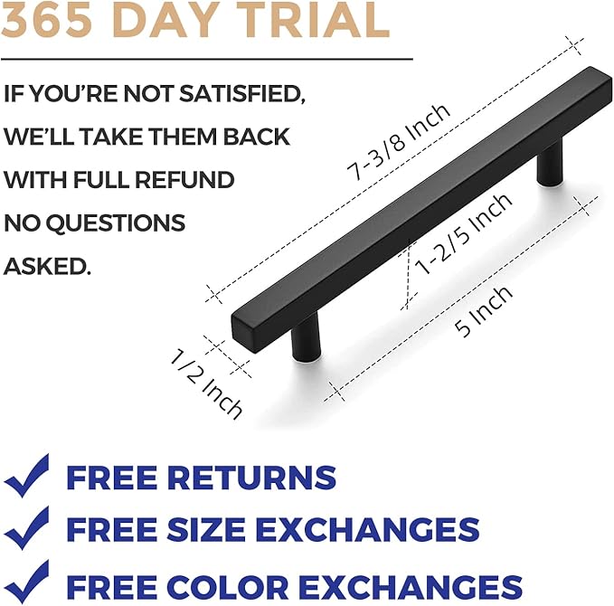 Ravinte Cabinet Handles 30 Pack - 5 Inch Matte Black Square Pulls, Modern Kitchen Hardware, 7-3/8 Inch Overall Length Drawer Pulls