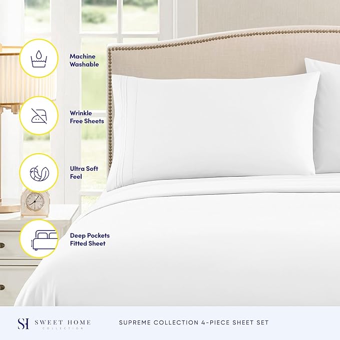 California King Sheet Sets - Breathable Luxury Sheets with Full Elastic & Secure Corner Straps Built In - 1800 Supreme Collection Deep Pocket Bedding, Sheet Set, EXTRA DEEP pocket - Cal King, White