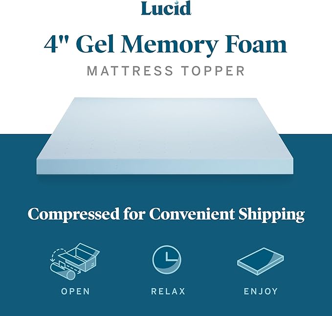 LUCID 4 Inch Mattress Topper, California King Size – Cooling Gel Infused Memory Foam – Plush Feel – Ventilated Breathable Design – CertiPur Certified
