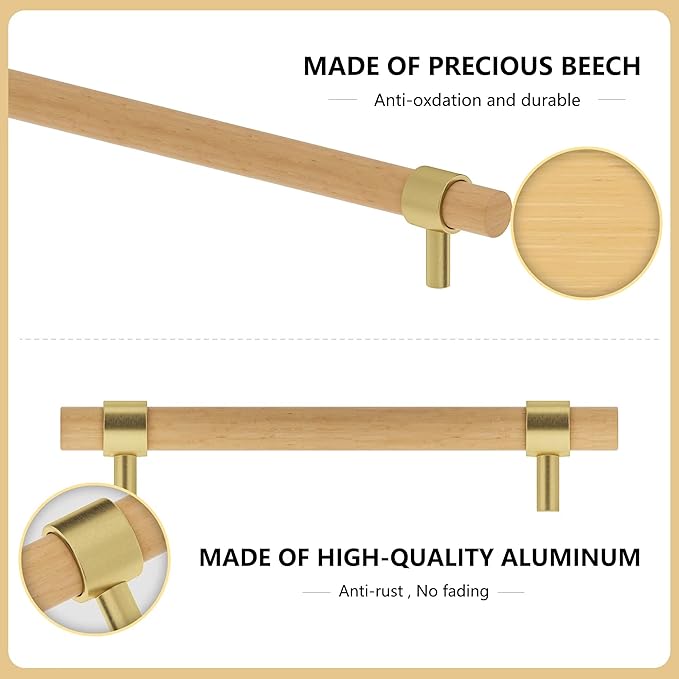 Wooden Drawer Pulls,10-Pack Beech Wood Drawer Handles Knobs,Suitable for Kitchen, Living Room, Bedroom, Bathroom and Other Scenes,Gold