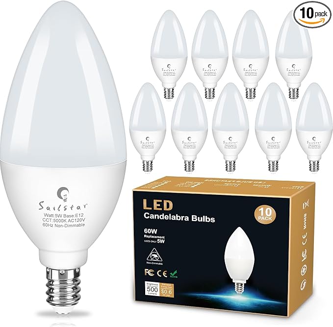 Sailstar Candelabra Light Bulbs 60 Watt Equivalent, 5000K Daylight, 5W E12 Small Base Type B LED Bulbs, 500 Lumens, Chandelier Ceiling Fan Light Bulbs, CRI 85, Non-dimmable, Pack of 10