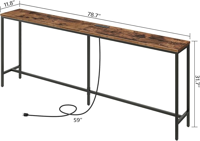 78.7" Console Table with Power Outlet, 11.8" Wide Narrow Sofa Table, Industrial Entryway Table with USB Ports, Behind Couch for Entryway, Hallway, Foyer, Living Room, Rustic Brown CTHR320E01