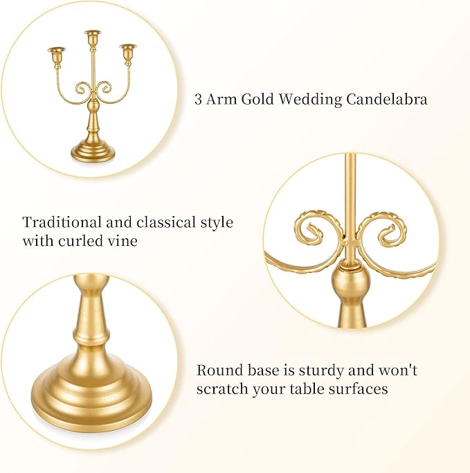 Romadedi Candelabra Gold Candle Holders - 3 Arm 11.8" Wedding Candlestick Holder for Theme Party Table Centerpiece Decor Dining Room Birthday Holiday Christmas