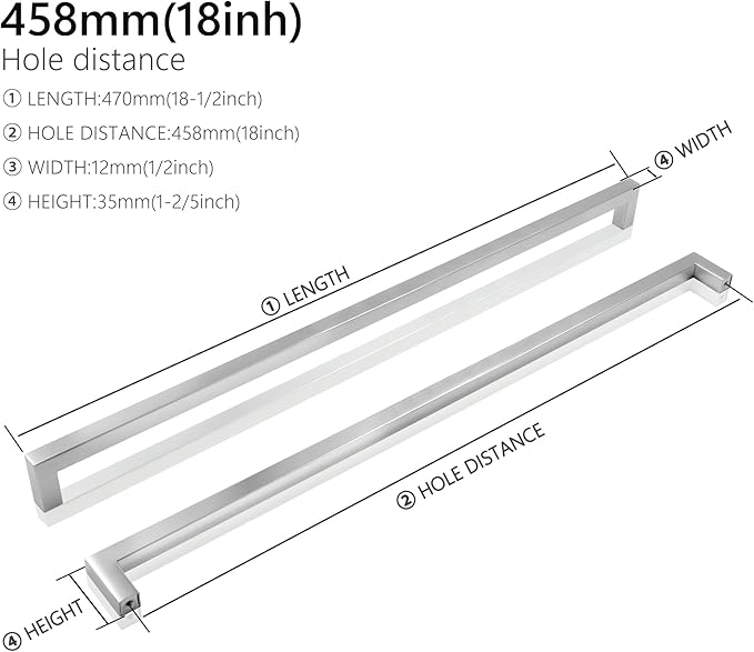 Cabinet Pulls Brushed Nickel Cabinet Handles Square Drawer Pulls, 10 Pack 18 Inch Stainless Steel Kitchen Door Cupboard Cabinet Handles, Cabinet Hardware Drawer Handles, 458mm Hole Centers