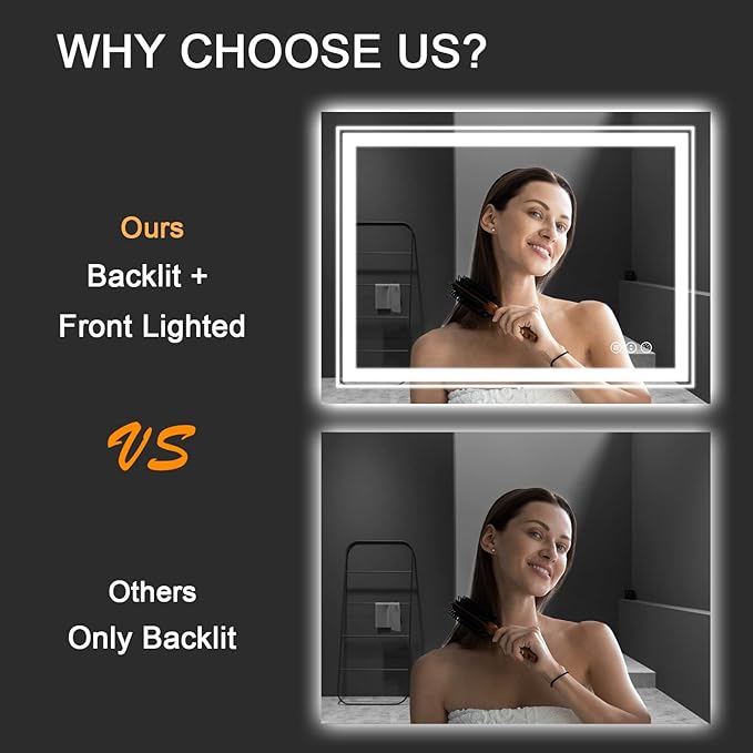 LED Bathroom Mirror, 60"X28" with Front and Backlit, Anti-Fog, Large Bathroom Vanity Mirror for Wall, Memory Function, Stepless Dimmable, Tempered Glass (Horizontal/Vertical)