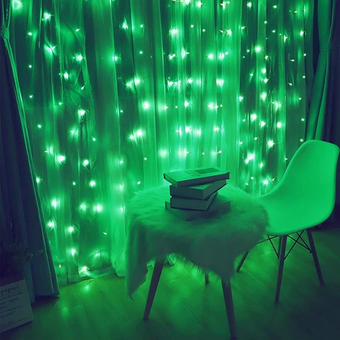 HEYFUNi Fiee Curtain Lights,304L 9.8ftX9.8ft 30V 8Modes Safety Window Lights with Memory for Home Wedding Christmas Party Patio Lawn Garden Bedroom Outdoor Indoor Wall Decorations (304LED, Green)