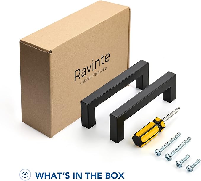 Ravinte 20 Pack 4 Inch Black Cabinet Pulls Square Cabinet Handles Matte Black Kitchen Hardware for Cabinet with Screwdriver