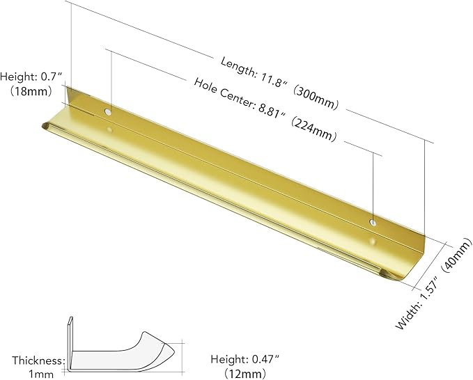 Ravinte Hardware 8 Pack Gold Cabinet Handles, 11.8 Inch (300mm) Finger Edge Pulls, 8.8 Inch Hole Center, Finger Pulls for Cabinets