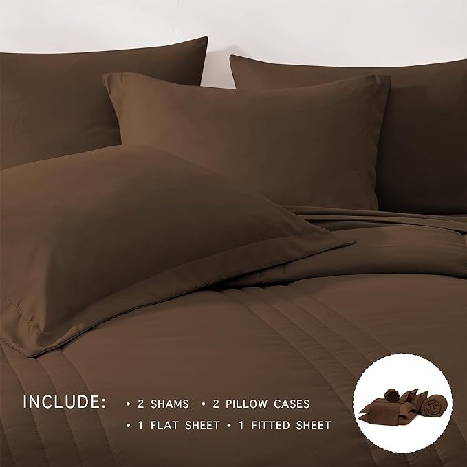 Monbix King Size Comforter Set - 7 Pieces Bed in a Bag King, Chocolate Brown Bedding Sets with Comforter, All Seasons Down Alternative Comforter Bed Set with Sheets, Pillowcases & Shams