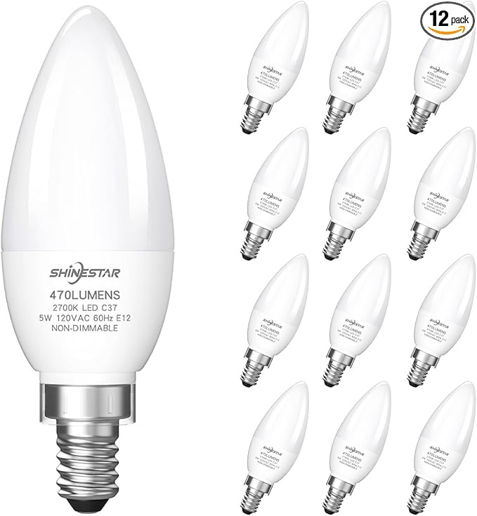 SHINESTAR 12-Pack Candelabra 40W Equivalent LED Light Bulbs, 2700K Warm White Ceiling Fan Lightbulbs, Type B Small E12 Base, 5W B11 Chandelier Bulb, C37 Candle Lights, Non-dimmable