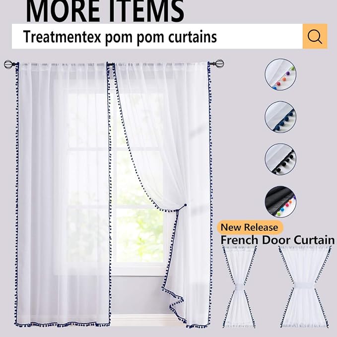Treatmentex Pom-Pom Navy-Blue Sheer Curtains for Bedroom Windows 84inches Long Linen Textured Look Sheer Drapes for Living Room 52" w x 2Pack