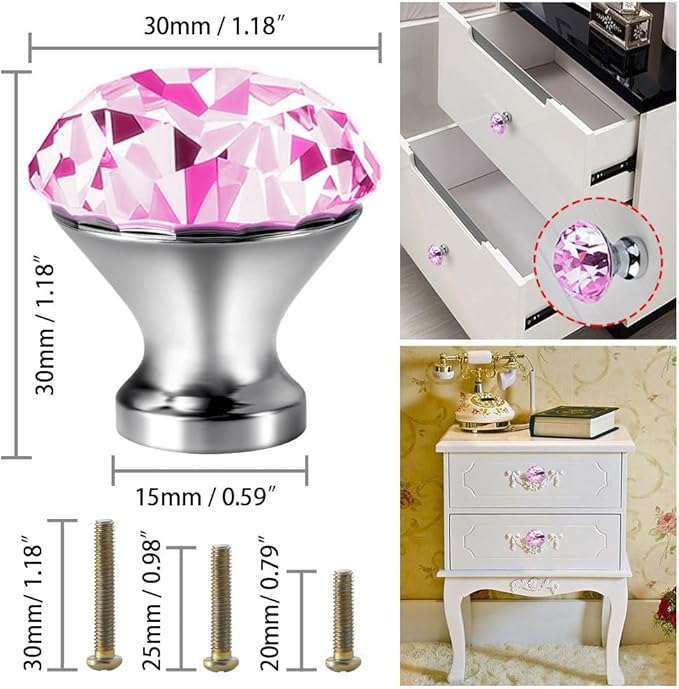 30mm Kitchen Cabinet Knobs Drawer Pull Handle Hardware, Crystal Clear Pink Glass Round Diamond Shape Dresser Closet Bi-fold Door Bathroom Cupboard Desk Nightstand Bookcase Furniture Drawer Knob, 8PCS