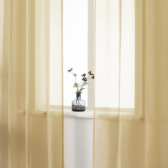 DUALIFE Tan Beige Sheer Curtain 120 Inch Length Light Brown Semi Voile Sheer Curtains Drapes for Living Room and Bedroom Window Treatments 2 Panels 52x120 Inches Long Natural Taupe