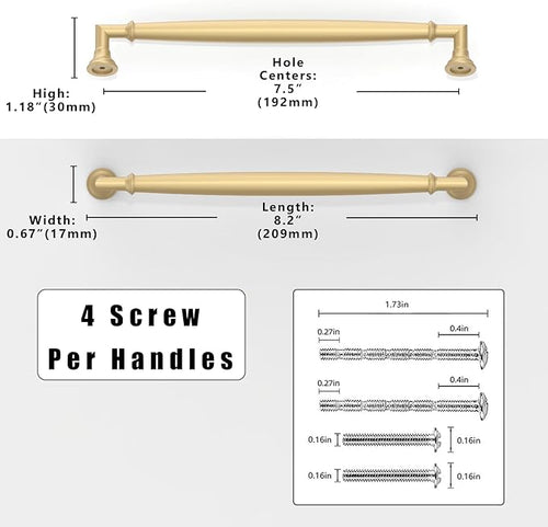 10 Pack Brushed Gold Cabinet Pulls 7.5 Inch(192mm) Kitchen Cabinet Handles Solid Zinc Alloy Cabinet Hardware Drawer Pulls